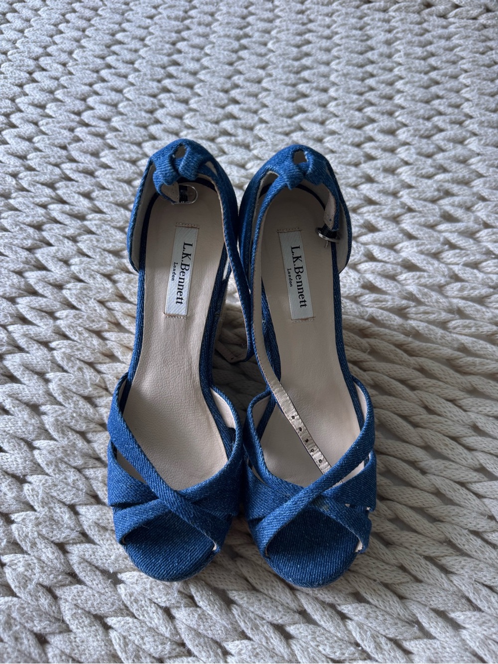 LK Bennett Denim Blue Crisscross Peep-Toe Heels